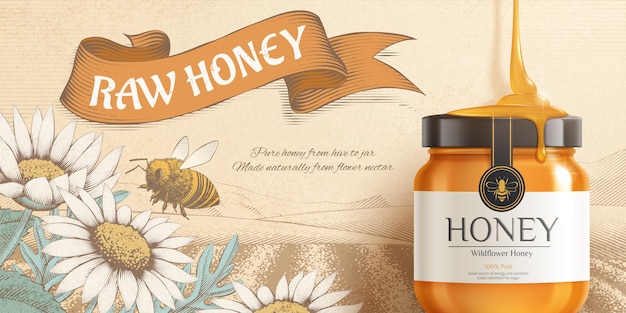 Sweet honing advertentie banner gouden pot mockup op prachtige vintage gravure bloemen en natuurlijke scène