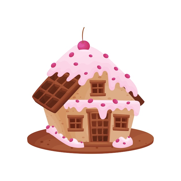 Vector sweet house with a roof and a door of waffles decorated with pink icing and cherry vector illustration on white background