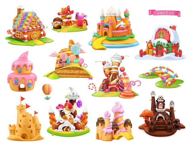 Vector sweet houses and castles 3d set