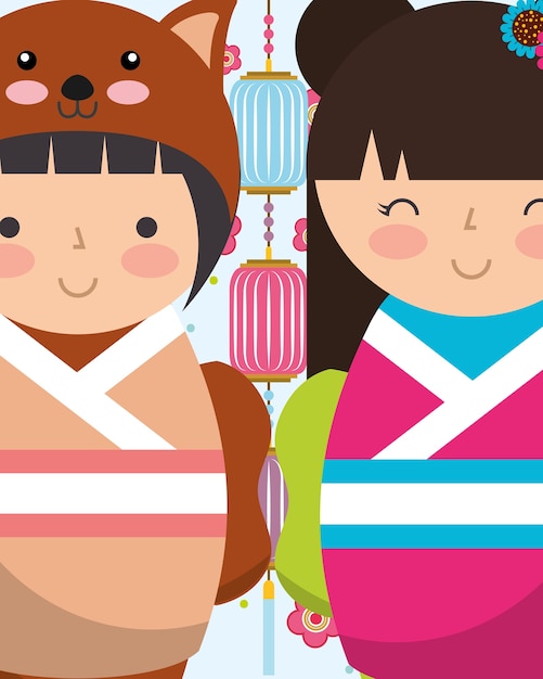 Вектор Сладкие японские кокеши куклы в кимоно