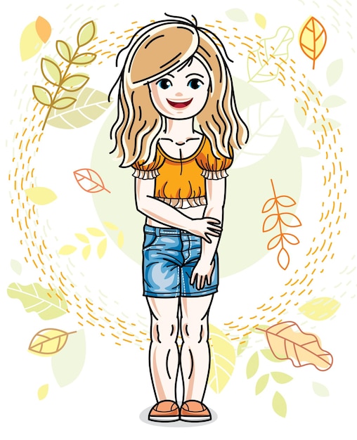 Vector sweet little blonde girl standing on background of autumn landscape and wearing stylish casual clothes. vector kid illustration.