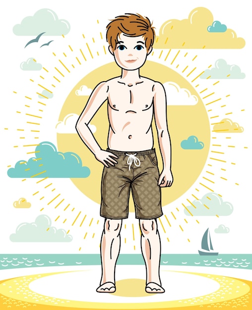 Sweet little boy young teen standing in colorful stylish beach shorts. Vector pretty nice human illustration. Childhood lifestyle clipart.