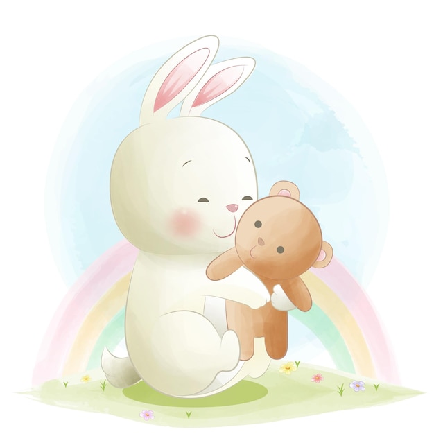 Sweet little bunny is hugging a teddy bear