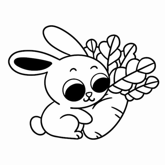 Sweet Little Bunny Playing With Carrot Coloring Page Doodle Vector Illustration