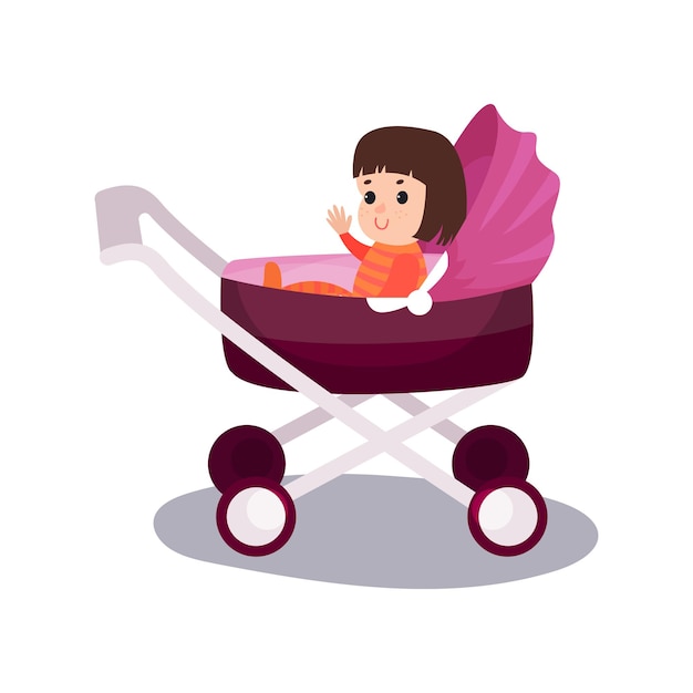 Sweet little girl sitting in a purple modern baby stroller, transporting of small children with comfort cartoon vector illustration isolated on a white background