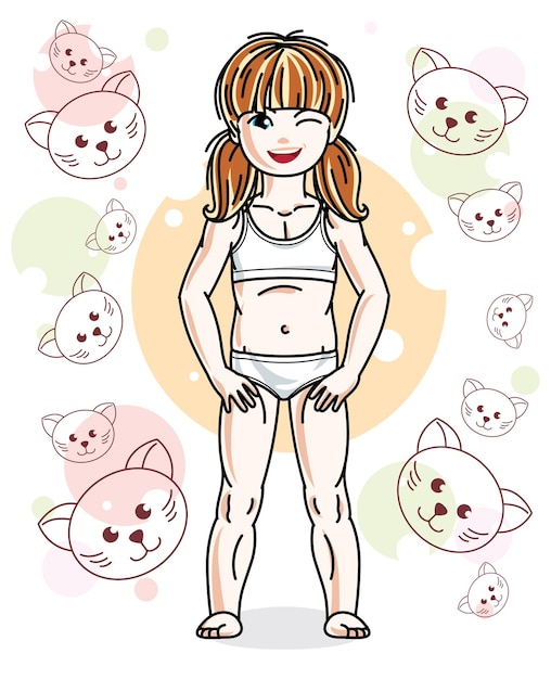Sweet little redhead girl standing on childish background with kittens and wearing panties. Vector kid illustration.