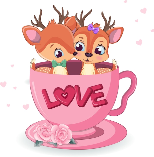 Vector sweet love deer sitting in coffee cup vector