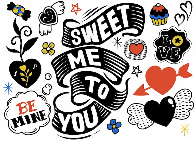 Sweet me to you love doodles background set di cartoni animati di scarabocchi disegnati a mano imprecisi di oggetti e simboli di amore e san valentino