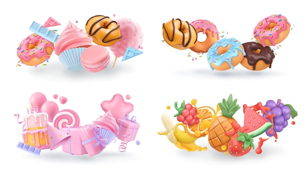 Vector sweet objects 3d vector cartoon. cupcake, donuts, cake, fruits