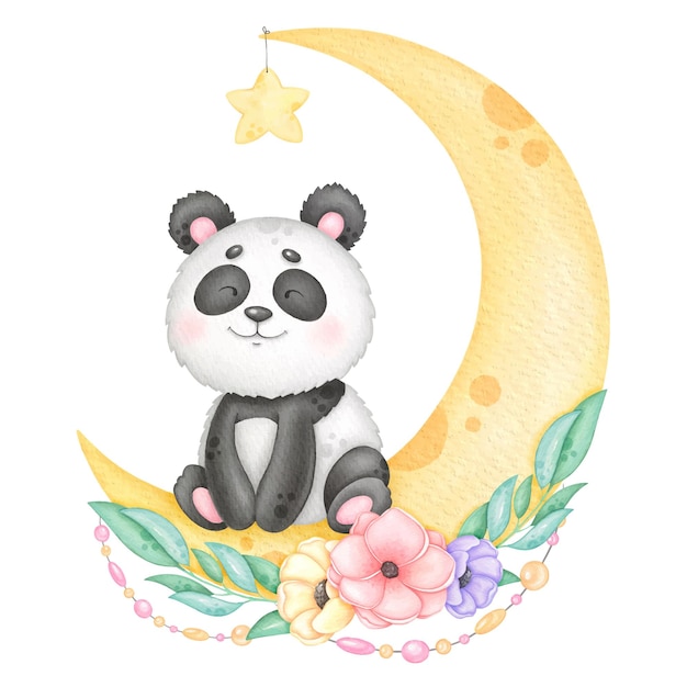 Vector sweet panda sits for a month with a flower wreath