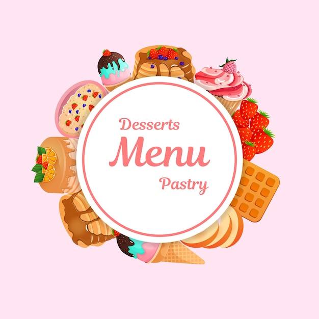Sweet pastries, cupcake, cake, waffles, pancakes with jam. ice cream, porridge with berries