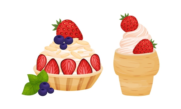 sweet pastry with strawberry as sugary dessert and patisserie vector set
