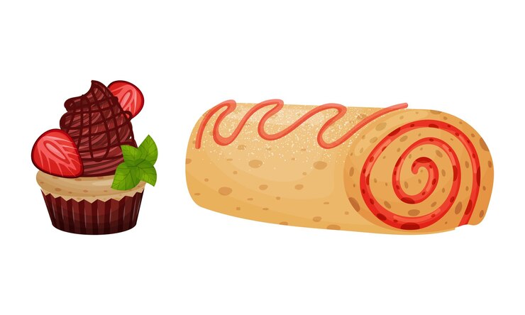 Vector sweet pastry with strawberry as sugary dessert and patisserie vector set