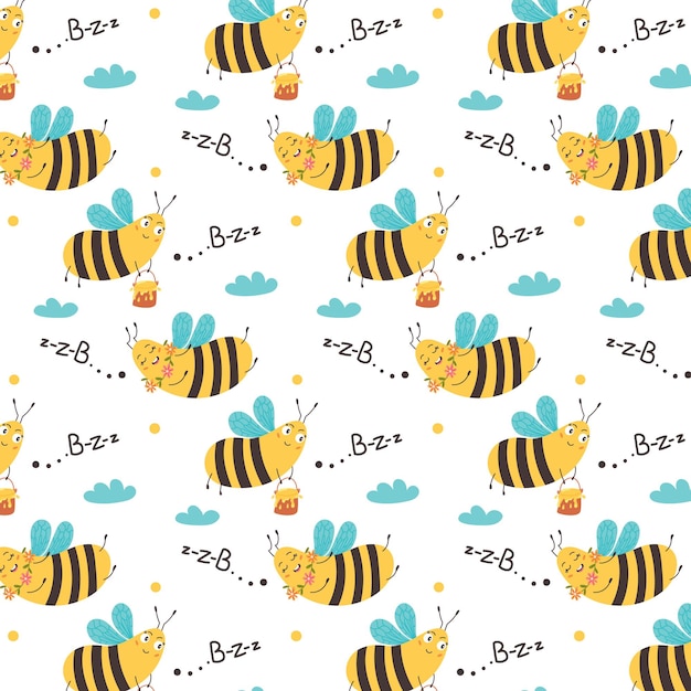 Sweet pattern flying bees are buzzing among the clouds. childrens digital vector paper with yellow sugar insects