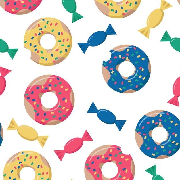 ドーナツとお菓子の甘いパターンカラフルでおいしいテキスタイルの壁紙の背景子供服漫画ベクトルイラストに最適