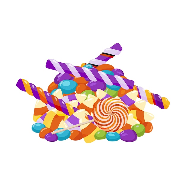 Vector sweet pile of different candies various sweets for children for the holiday multicolored sweet treats vector illustration