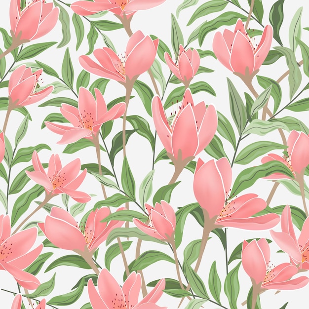 Sweet pink floral and green leaf seamless pattern.