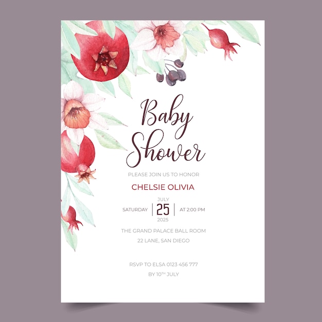 Vector sweet pomegranate baby shower invitation theme