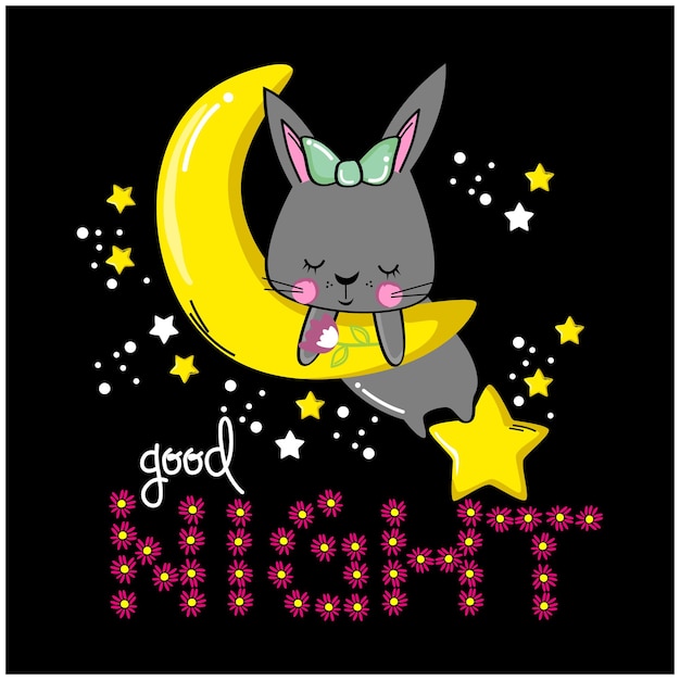 Vector sweet rabbit and moon funny animal cartoon