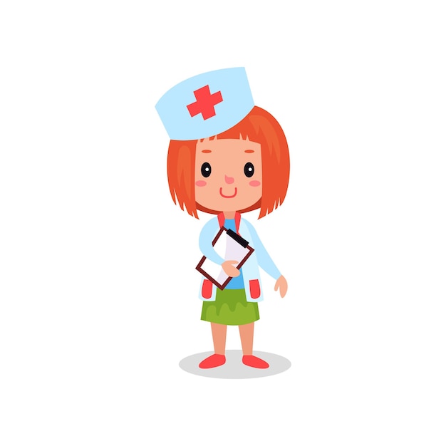 Vector sweet redhead girl doctor in professional clothing with clipboard, kid playing doctor vector illustration isolated on a white background