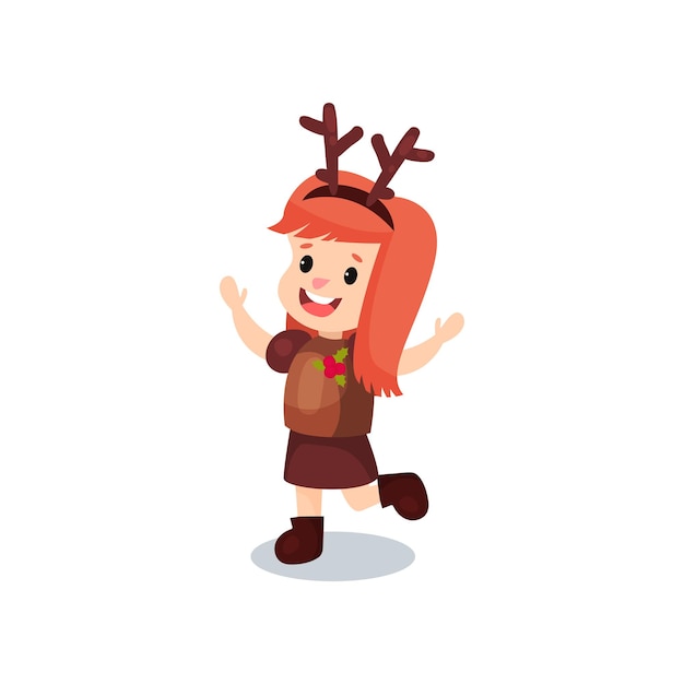 Sweet redhead little girl in the costume of reindeer, kid in festive fancy dress cartoon vector illustration isolated on a white background