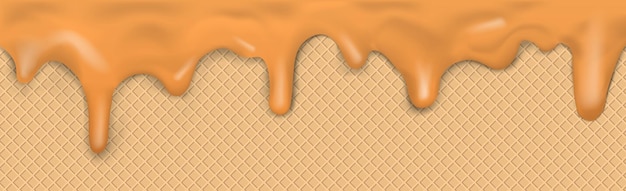 Sweet seamless panoramic ice cream pattern with dripping caramel icing and wafer texture Vector