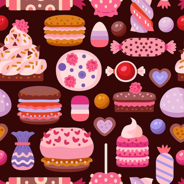 Sweet seamless pattern with different cupcakes