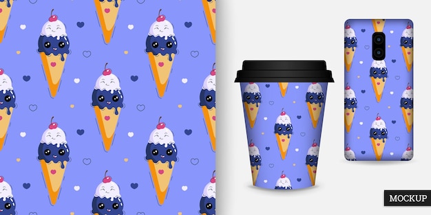Vector sweet seamless pattern with ice cream baby background with cartoon ice cream cone