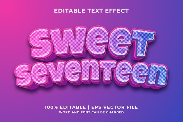 Vector sweet seventeen 3d bewerkbaar teksteffect premium vector