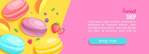 Sweet shop horizontal banner with macaroons and berries