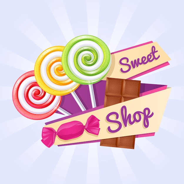 Sweet shop poster. lollipops, candy and chocolate bar.