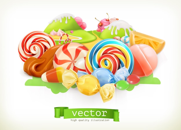 Vector sweet shop. swirl candy, lollipop, caramel. candy land. 3d vector illustration