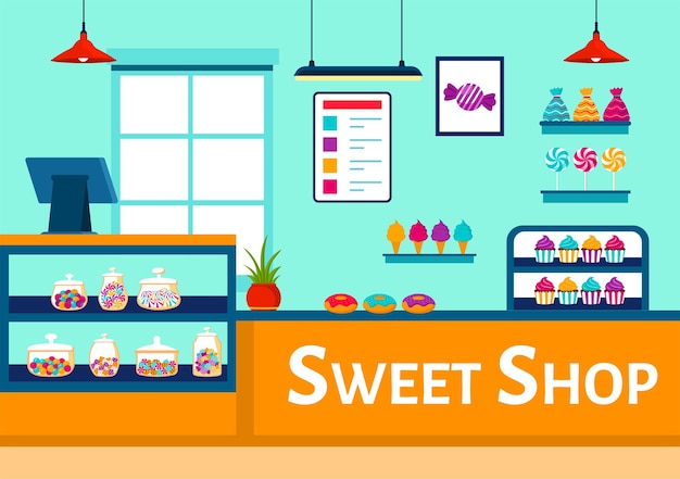 Sweet Shop Vector Illustration with Selling Various Bakery Products Cupcake or Candy Design