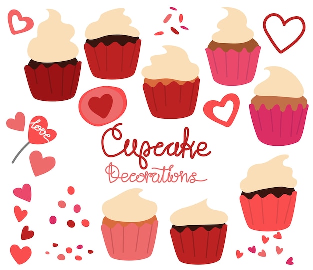 Sweet single cupcakes Creamy muffins with decoration Delicious food Confectionery Vector