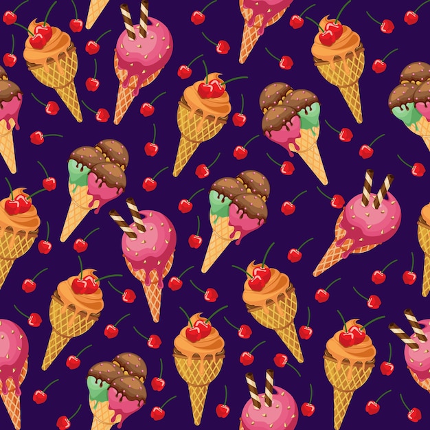 Sweet Snack Seamless Pattern Cone Ice Cream Gelato