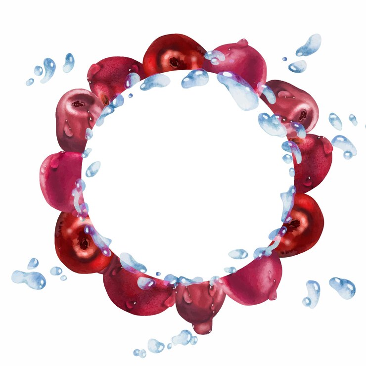 Vector sweet sour cherry cerise flying in water splashes drops hand drawn in watercolor ripe red garden