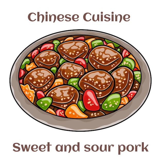 Sweet and sour pork Fried pork with sliced carrots green and red bell peppers and pineapple Chinese food Vector image isolated