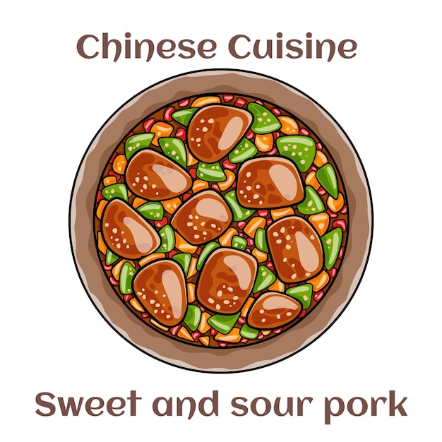 Sweet and sour pork Fried pork with sliced carrots green and red bell peppers and pineapple Chinese food Vector image isolated