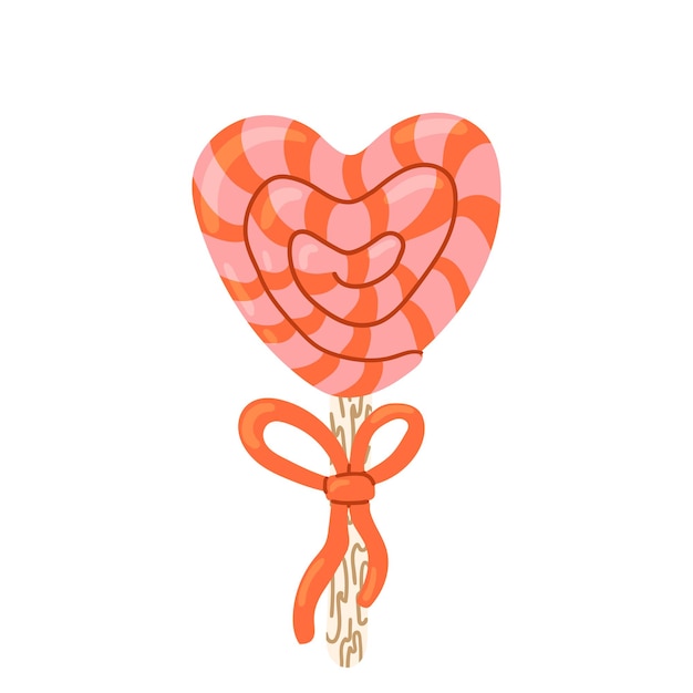 Sweet spiral Heart Shaped Lollipop Candy Cartoon Valentines day isolated Vector Illustration