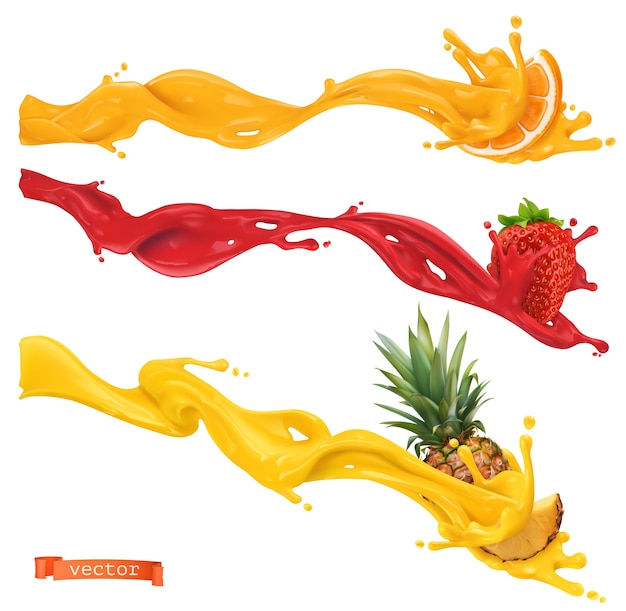 Sweet splashes. orange, strawberry, pineapple. 3d realistic vector illustration