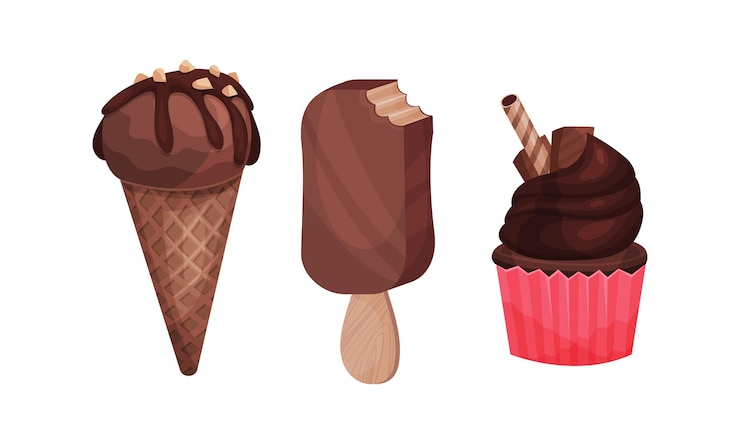 Vector sweet and sugary chocolate desserts with cupcake and ice cream vector set
