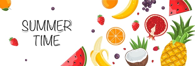 Сладкие летние фрукты и смешанные ягоды Арбуз, банан, ананас, клубника, апельсин, кокос