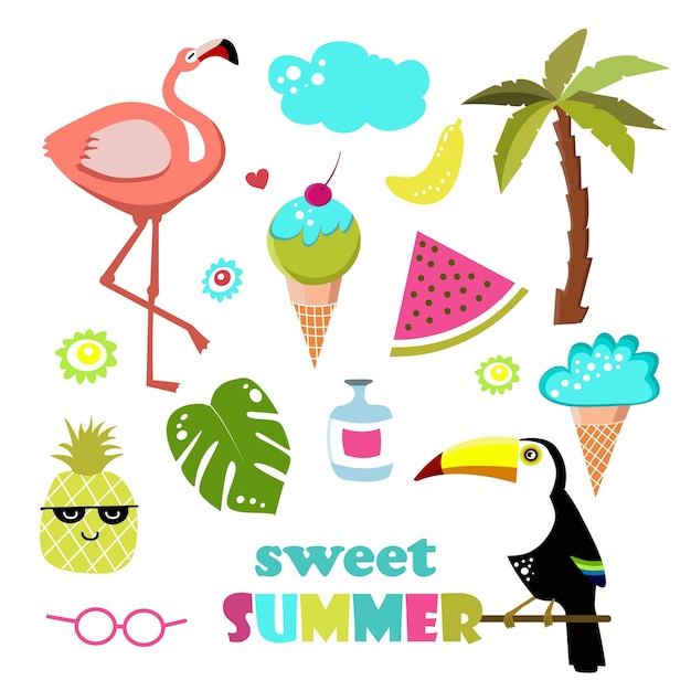 Sweet Summer Set of design elements tropical leaves palm fruits flamingo toucan ice cream