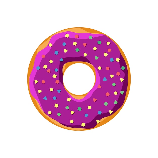 Vector sweet tasty donut isolated on white background purple glazed and colorful sprinkles top view