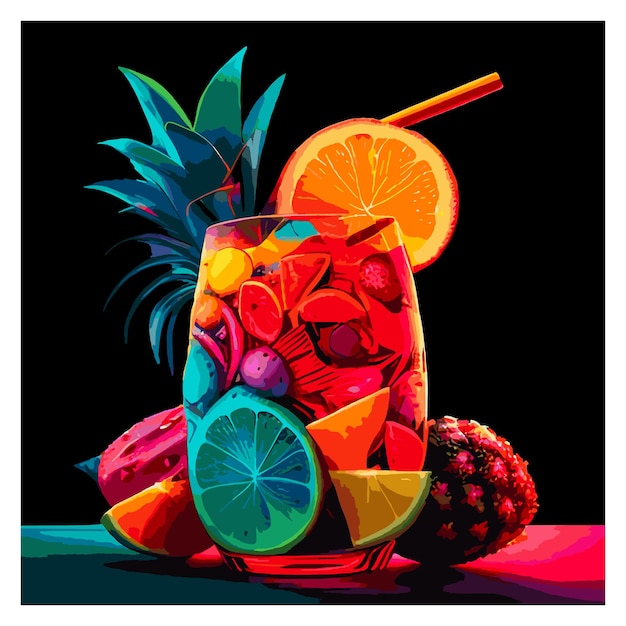 Vector sweet tropical fruits and mixed berries juice splash watermelon banana pineapple strawberry