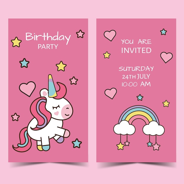 Sweet unicorn birthday invitation front and back in pink in vector