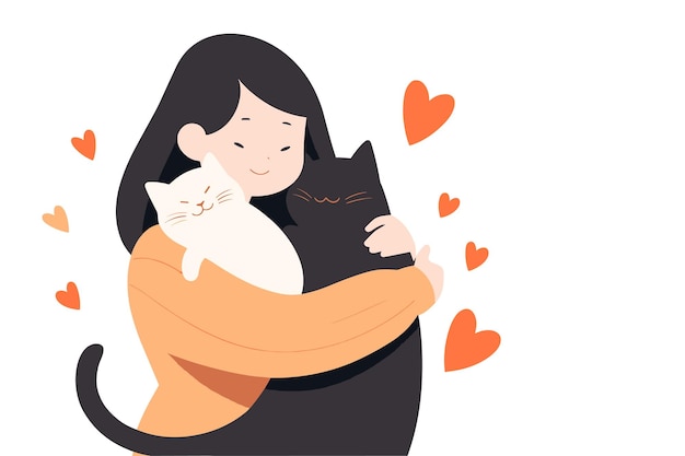 Vector a sweet vector illustration of woman hugs two cats one white and one black with hearts around them loving pets flat design