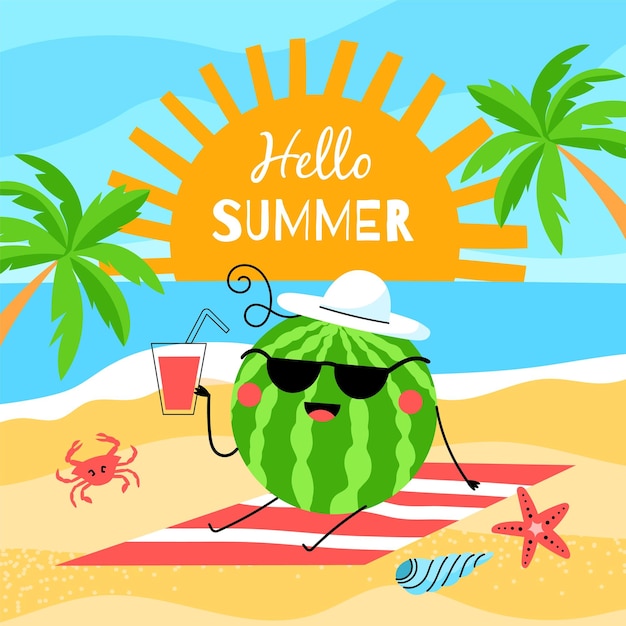 Vector sweet watermelon on beach funny summer cartoon character resting on seashore with cocktail in hand summer juicy fruit vector illustrationjpg