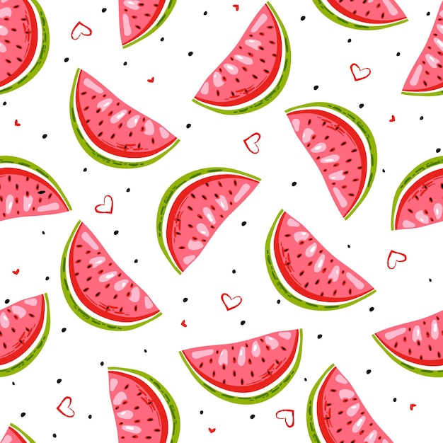 Sweet watermelon on hearts with black seed Summer seamless pattern Bright print for fabric summer clothes