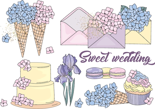 Sweet wedding color vector illustration set